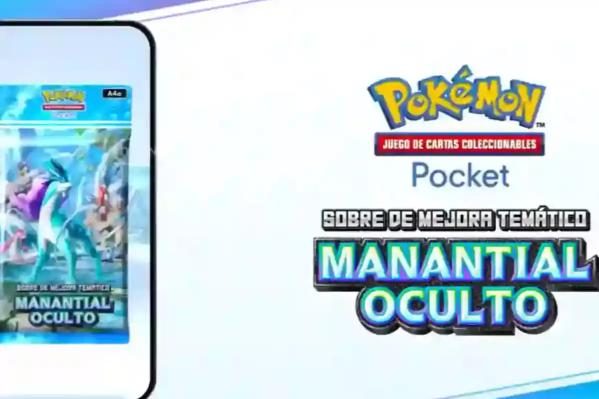 Imagen promocional de Pokémon Juego de Cartas Coleccionables Pocket con un sobre de mejora temático llamado Manantial Oculto Imagen promocional de Pokémon Juego de Cartas Coleccionables Pocket con un sobre de mejora temático llamado Manantial Oculto