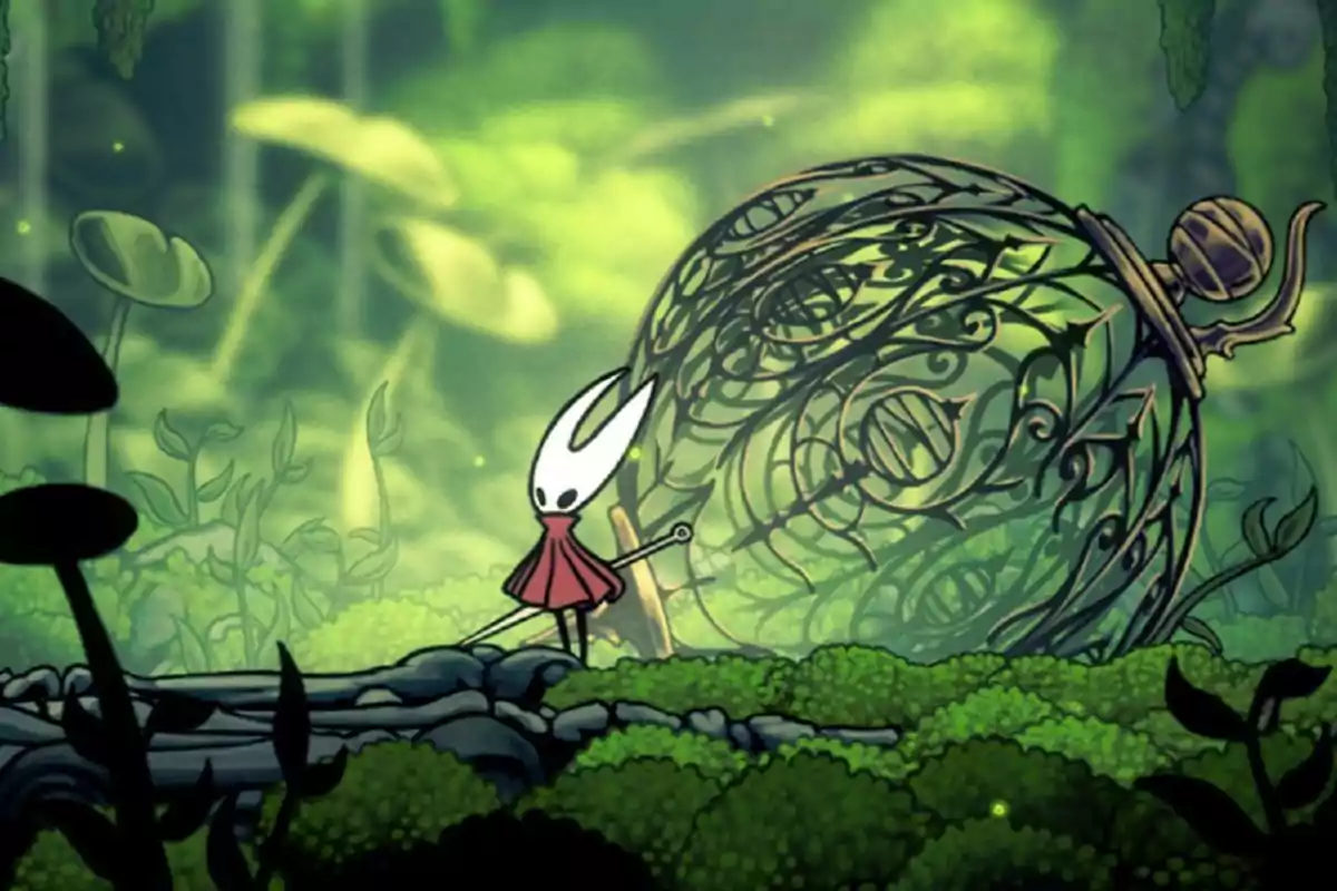Character with white horns and a red dress standing in front of a decorative cage in a bright green forest Character with white horns and a red dress standing in front of a decorative cage in a bright green forest