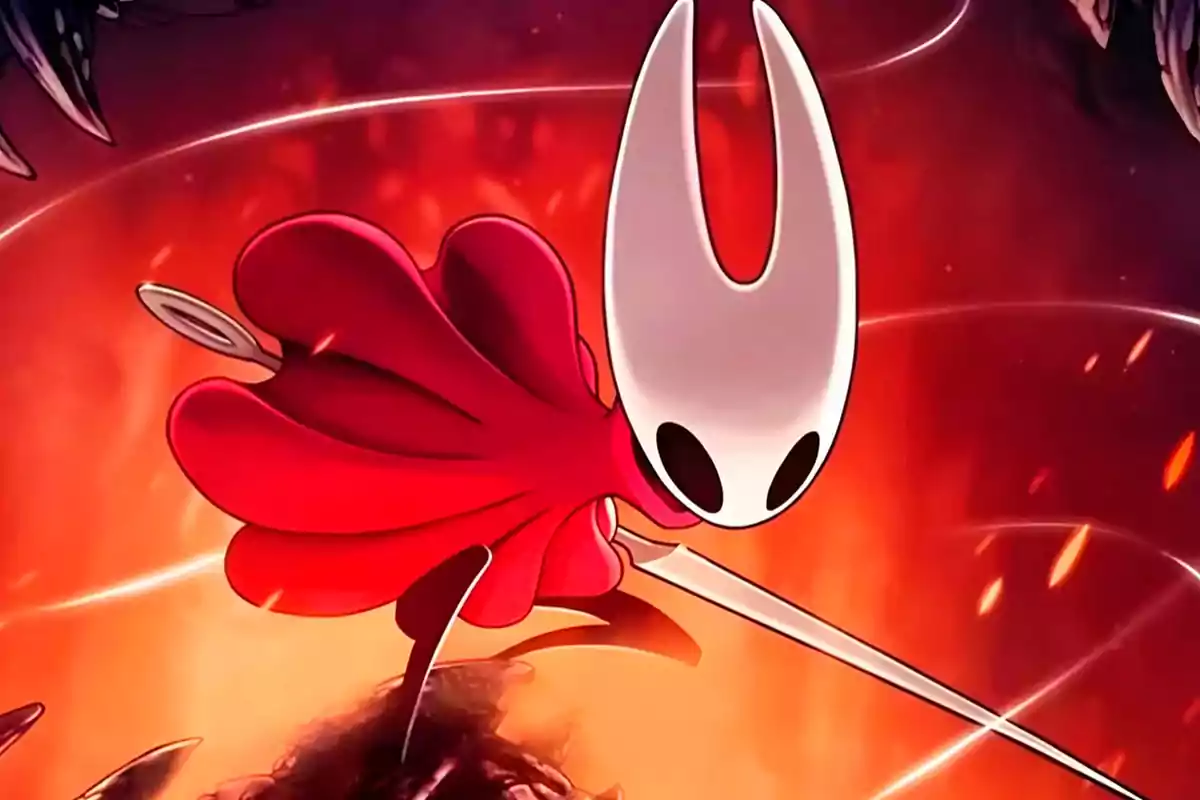 Video game character with a red cape and a white mask holding a needle in a vibrant setting with a fiery background Video game character with a red cape and a white mask holding a needle in a vibrant setting with a fiery background