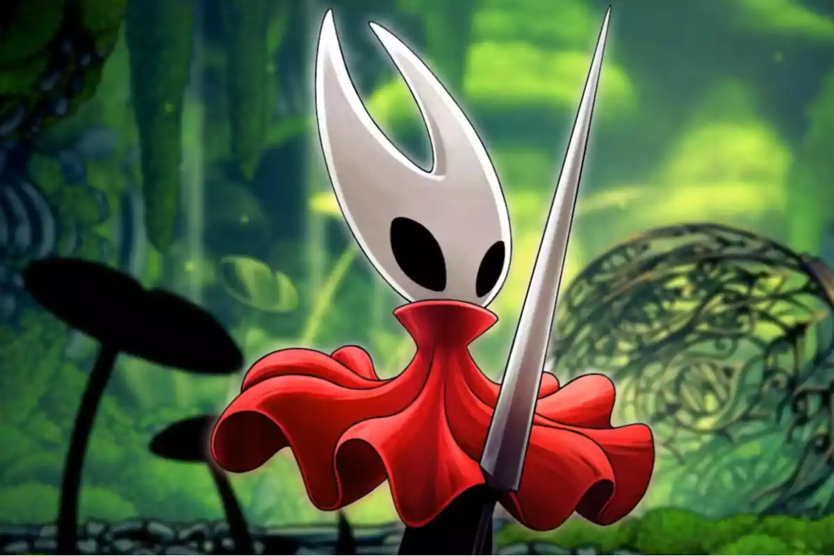 Video game character with a red cape and a pointed white mask holding a needle in a fantastical forest setting
