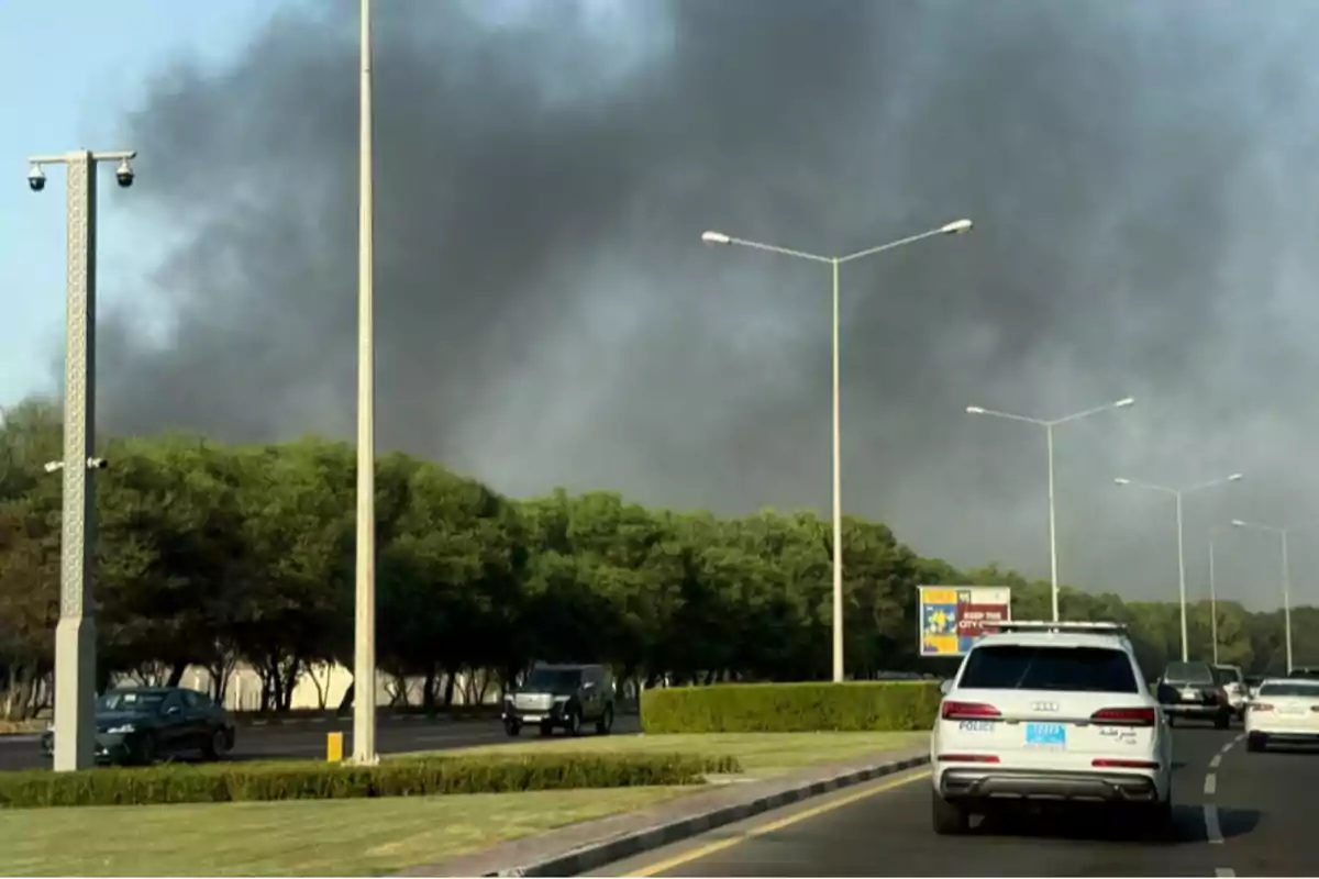Varios autos circulan por una avenida mientras una nube de humo negro se eleva en el cielo detrás de una fila de árboles Varios autos circulan por una avenida mientras una nube de humo negro se eleva en el cielo detrás de una fila de árboles