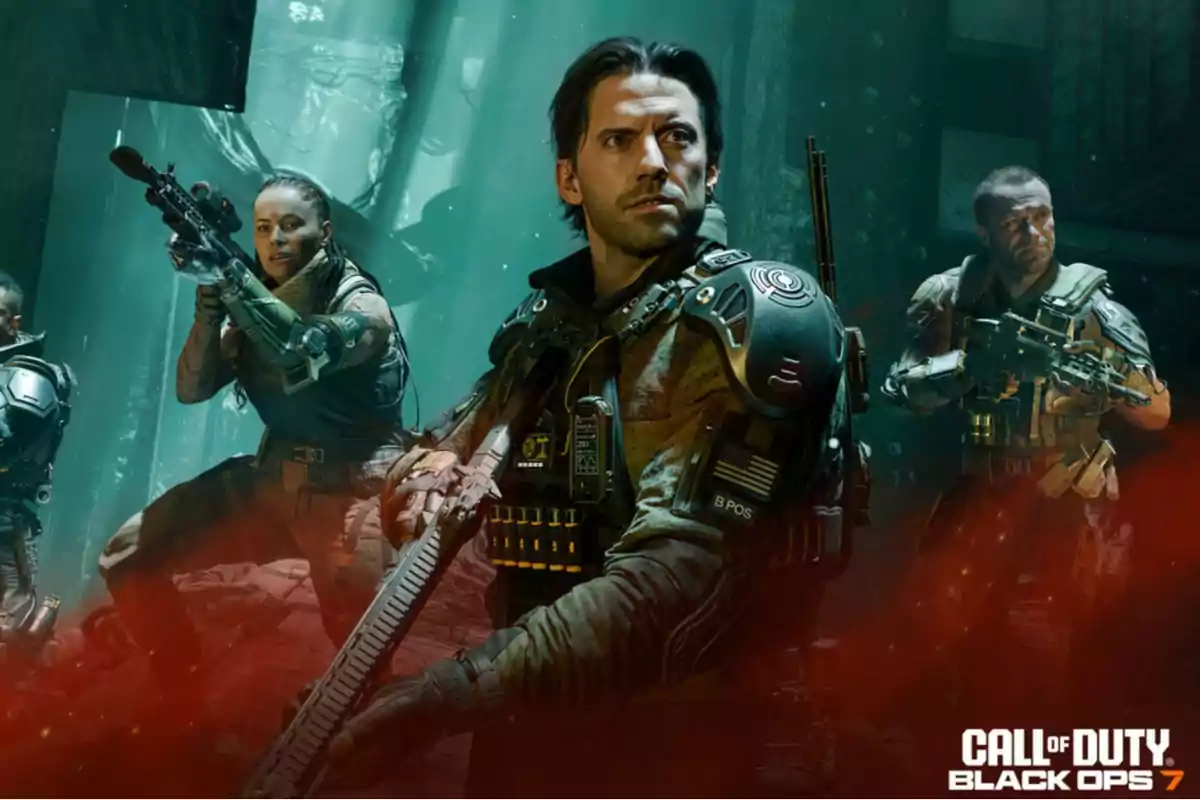 Un grupo de soldados armados con equipo futurista avanza en formación en un entorno oscuro y tecnológico con el logo de Call of Duty Black Ops 7 en la esquina inferior derecha Un grupo de soldados armados con equipo futurista avanza en formación en un entorno oscuro y tecnológico con el logo de Call of Duty Black Ops 7 en la esquina inferior derecha