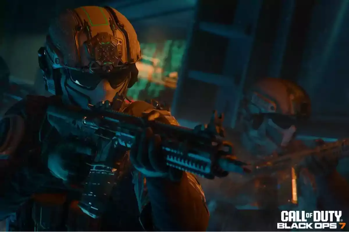 Soldados futuristas armados avanzan en una misión en un entorno oscuro con el logo de Call of Duty Black Ops 6 en la esquina inferior derecha Soldados futuristas armados avanzan en una misión en un entorno oscuro con el logo de Call of Duty Black Ops 6 en la esquina inferior derecha