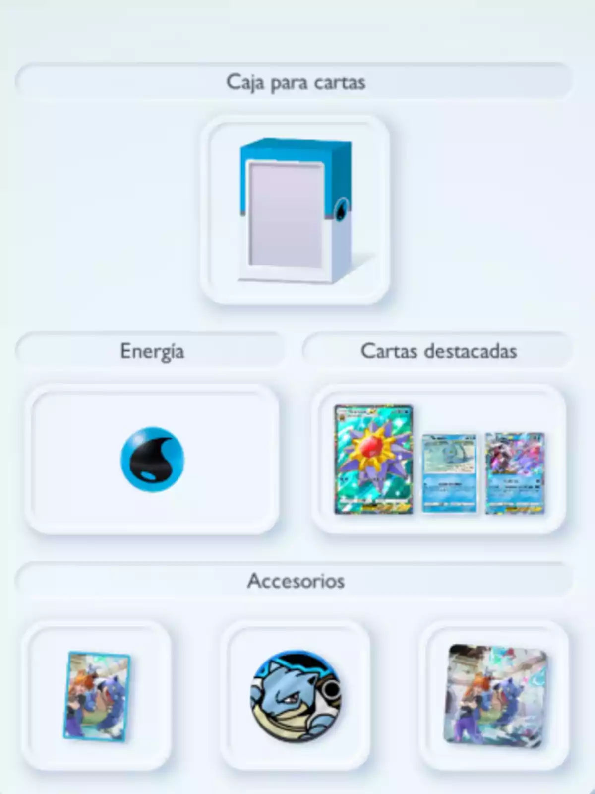 Pantalla de un juego de cartas con una caja azul para cartas, una ficha de energía de agua, tres cartas destacadas y tres accesorios con ilustraciones de personajes y un Blastoise Pantalla de un juego de cartas con una caja azul para cartas, una ficha de energía de agua, tres cartas destacadas y tres accesorios con ilustraciones de personajes y un Blastoise
