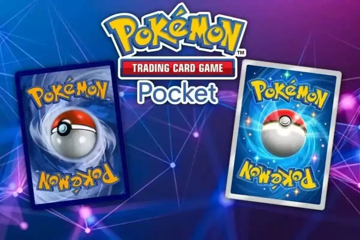 Dos cartas del juego de cartas de Pokémon con el logo de Pokémon Trading Card Game Pocket sobre un fondo azul y morado con líneas brillantes.