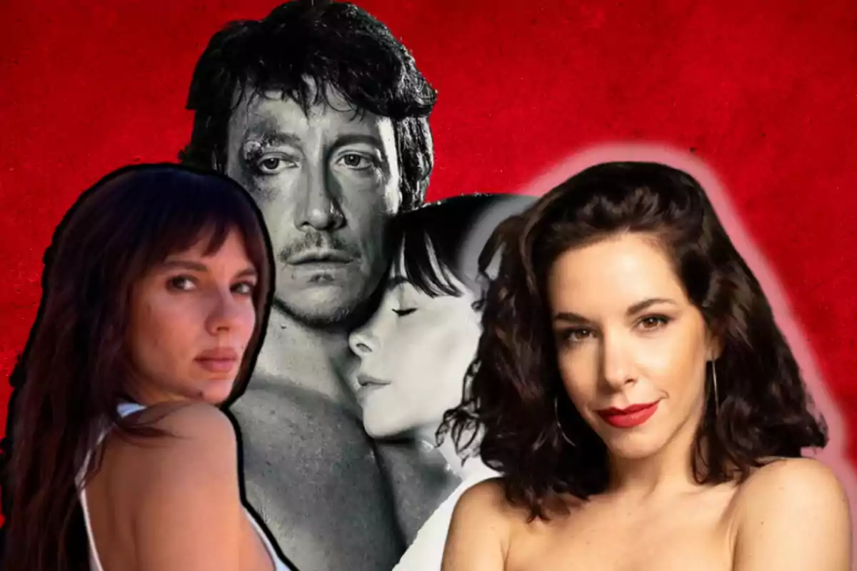 Three people in the foreground with serious expressions and a red background, in the center a black and white image of a man and a woman embracing.