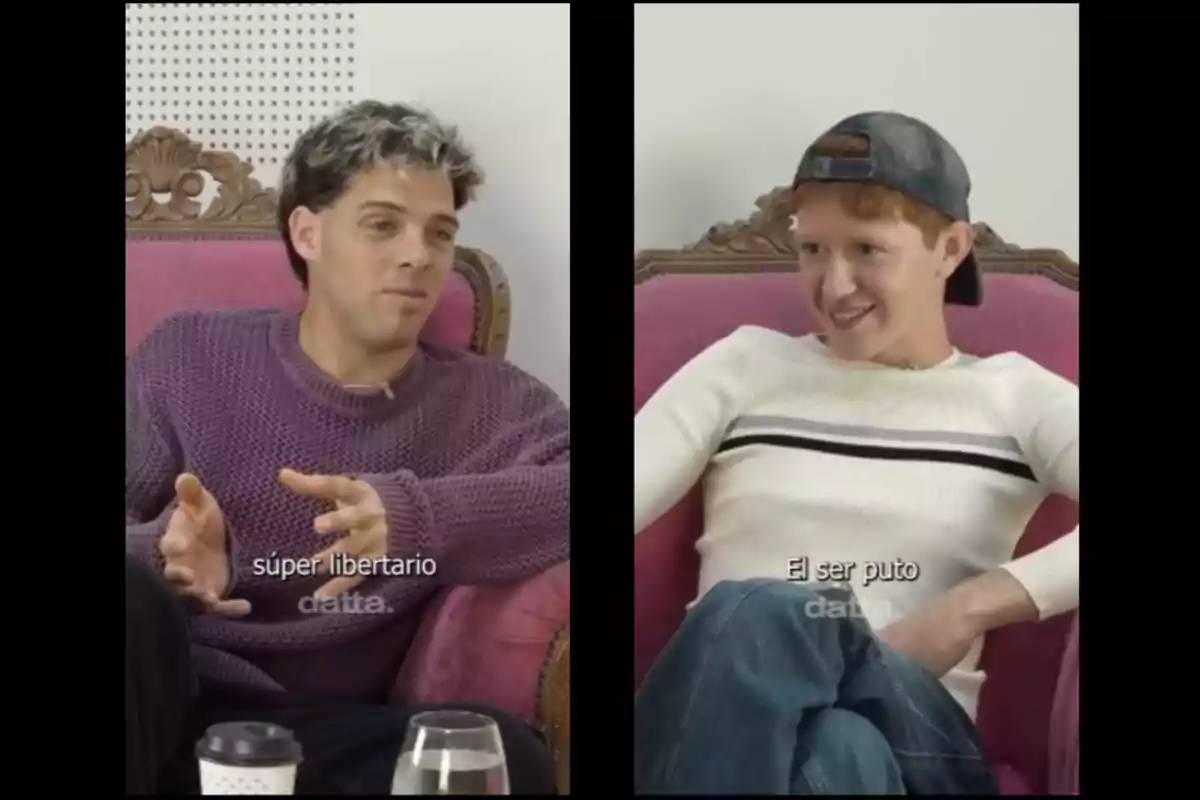 Two people sitting in pink armchairs are talking; one is wearing a purple sweater and the other a cap and white sweater, both with subtitles on the screen. Two people sitting in pink armchairs are talking; one is wearing a purple sweater and the other a cap and white sweater, both with subtitles on the screen.
