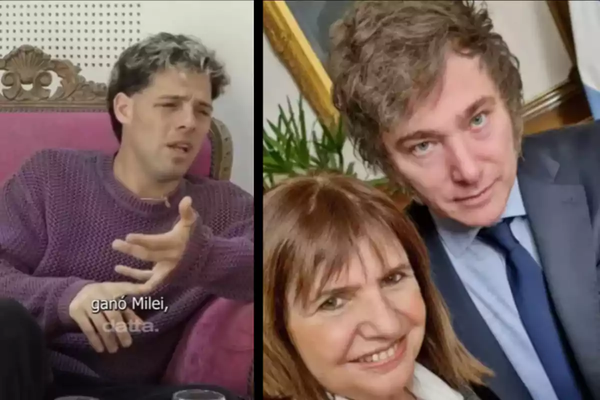A man in a purple sweater gestures while speaking, sitting on a pink armchair, and to the right there is a selfie of a woman smiling next to a man in a suit. A man in a purple sweater gestures while speaking, sitting on a pink armchair, and to the right there is a selfie of a woman smiling next to a man in a suit.