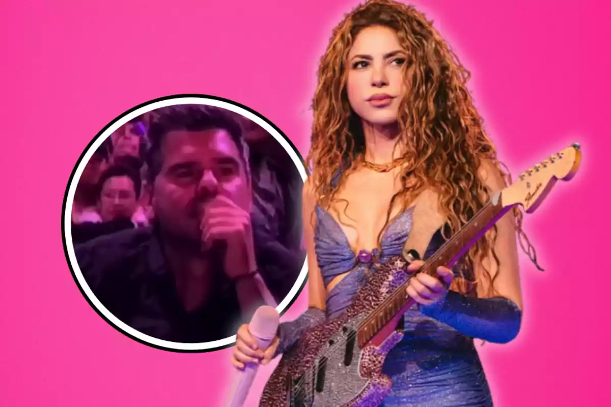 Mujer con guitarra eléctrica sobre fondo rosa y un recuadro con un hombre pensativo en el público