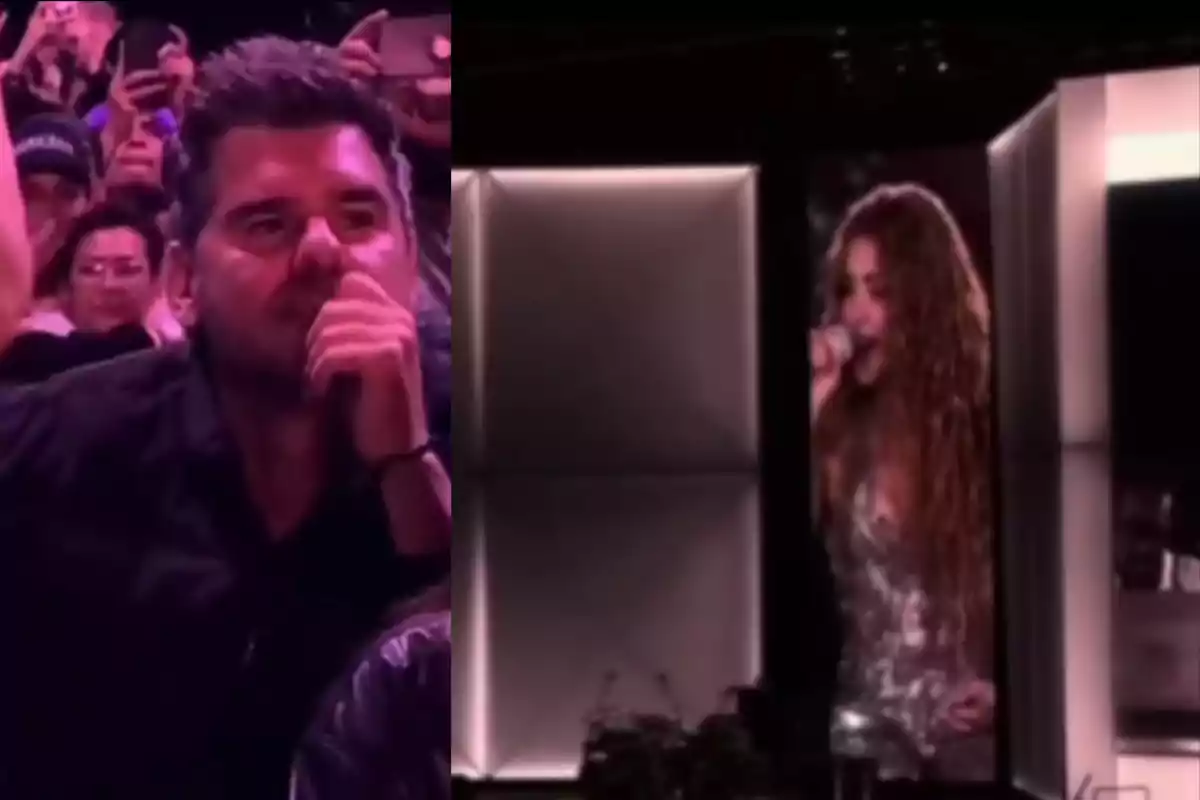 Un hombre observa pensativo un escenario donde una cantante está actuando mientras el público toma fotos con sus teléfonos. Un hombre observa pensativo un escenario donde una cantante está actuando mientras el público toma fotos con sus teléfonos.
