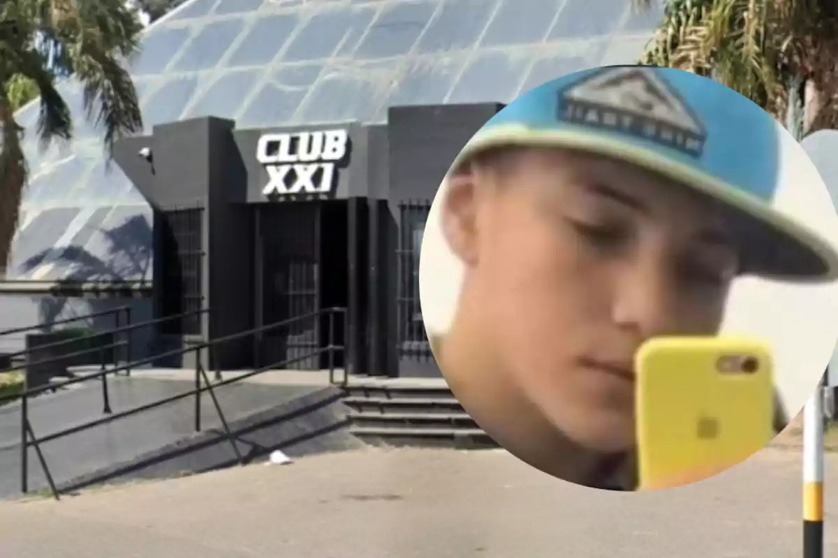 Entrance of a nightclub called Club XXI with a ramp and stairs, next to the image of a young man wearing a cap and taking a selfie with a yellow phone