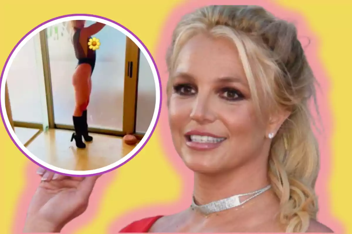 Smiling blonde woman in the foreground with a yellow and pink background, holding a circular image showing a person standing by a window wearing a black bodysuit and tall boots