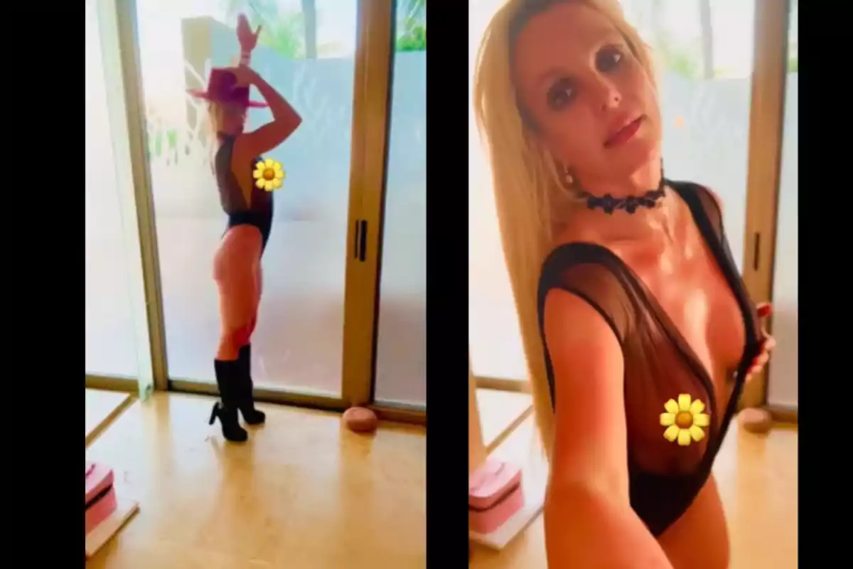 Blonde woman with a red hat and black bodysuit posing in front of a glass door, wearing black boots and yellow flowers covering her chest Blonde woman with a red hat and black bodysuit posing in front of a glass door, wearing black boots and yellow flowers covering her chest