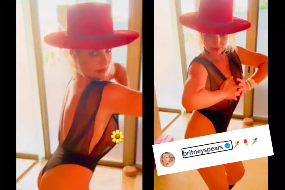 Woman wearing a red hat and black bodysuit posing in two photos inside a well-lit room, with a username box and emojis in the bottom right corner. Woman wearing a red hat and black bodysuit posing in two photos inside a well-lit room, with a username box and emojis in the bottom right corner.