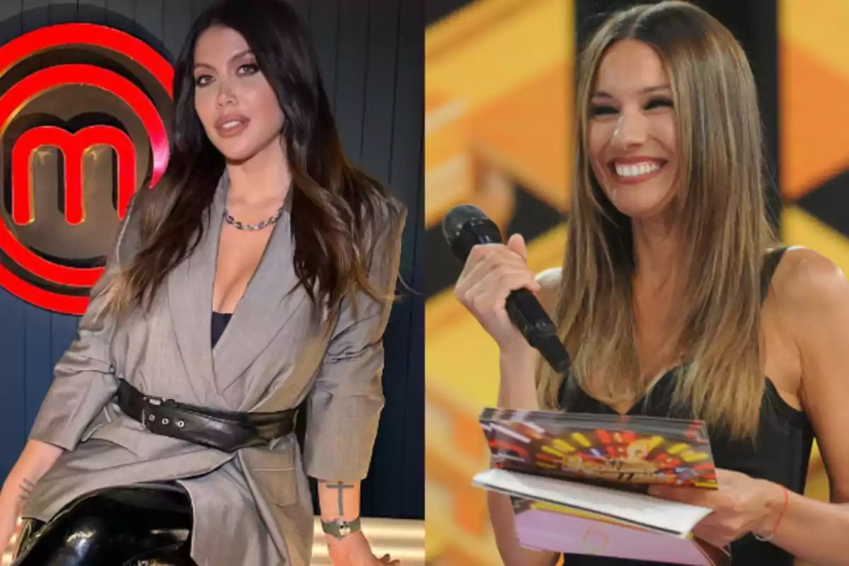 Dos mujeres posan en diferentes escenarios de programas de televisión, una con un blazer gris y la otra con un vestido negro sosteniendo un micrófono y unas carpetas Dos mujeres posan en diferentes escenarios de programas de televisión, una con un blazer gris y la otra con un vestido negro sosteniendo un micrófono y unas carpetas