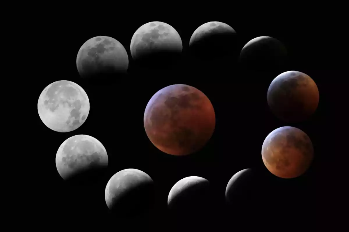 Secuencia de las diferentes fases de un eclipse lunar mostrando la transición de la luna desde su aspecto brillante hasta el tono rojizo característico Secuencia de las diferentes fases de un eclipse lunar mostrando la transición de la luna desde su aspecto brillante hasta el tono rojizo característico
