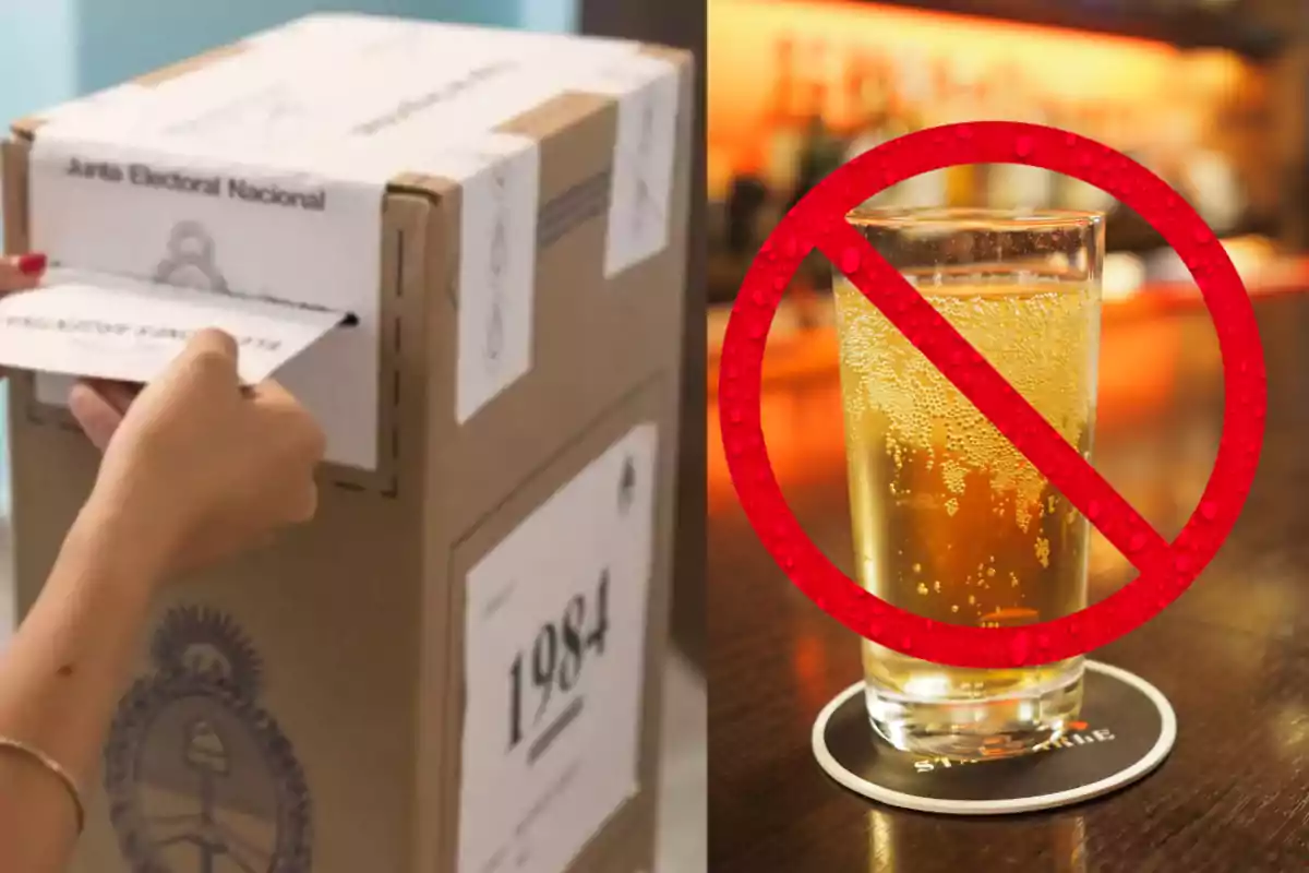 A person inserting a ballot into a voting box next to a drink glass with a no sign above it