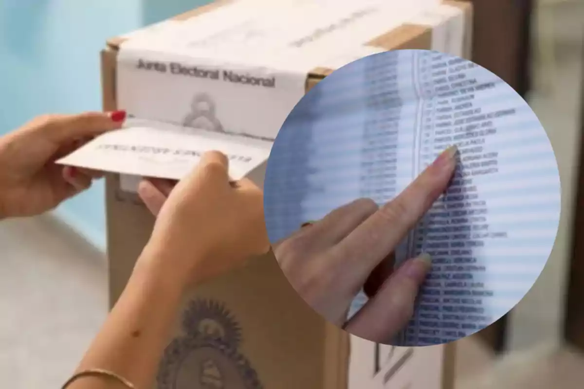 A person inserts an envelope into a ballot box while another points to a name on a voter register.