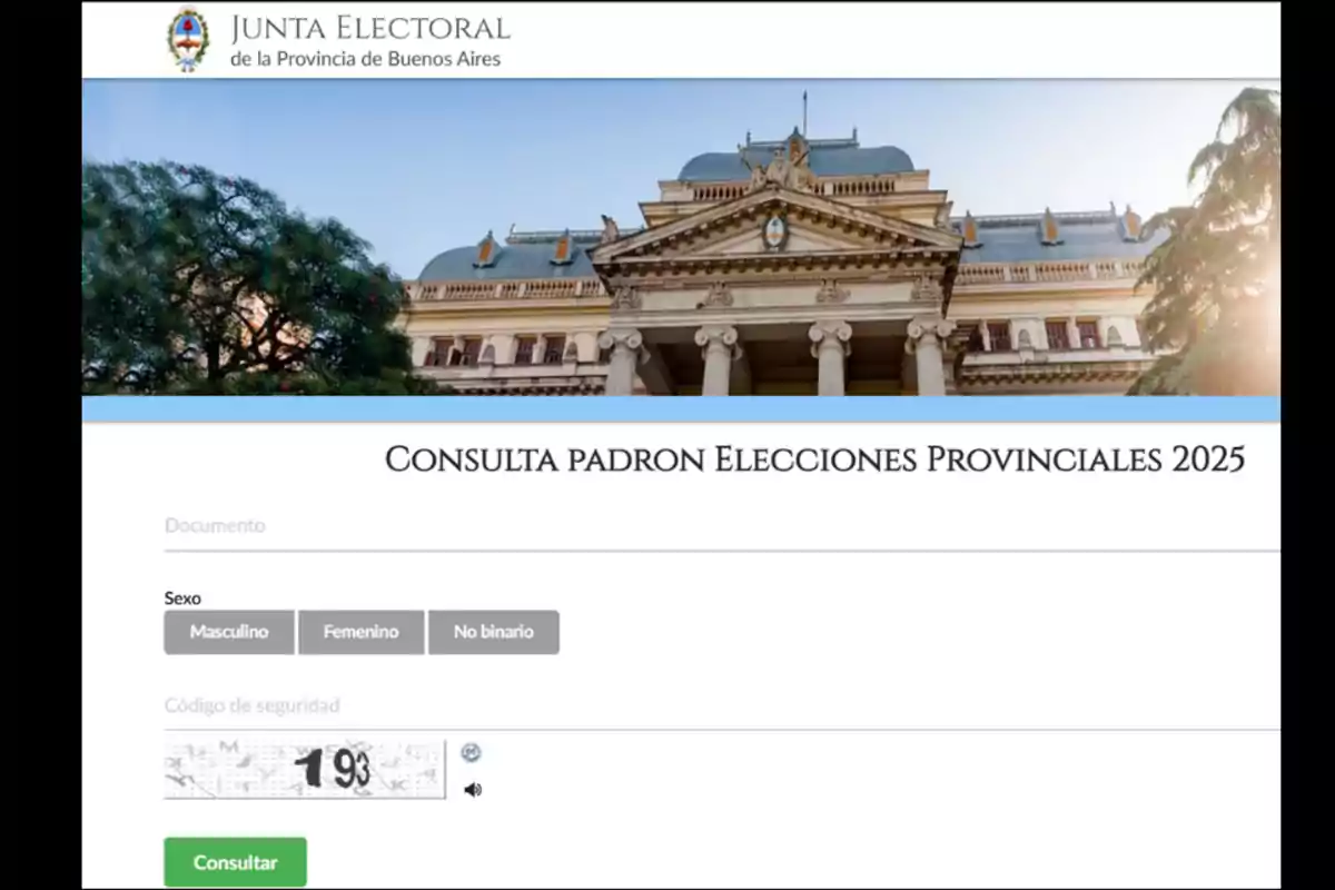 Website of the Electoral Board of the Province of Buenos Aires to check the 2025 provincial election register with fields for ID, gender, security code, and a search button Website of the Electoral Board of the Province of Buenos Aires to check the 2025 provincial election register with fields for ID, gender, security code, and a search button