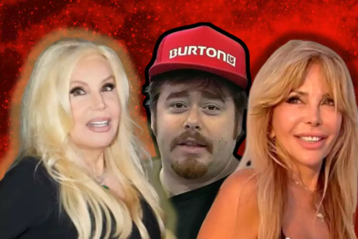 Three people pose in front of a bright red background, two blonde women on the sides and a man with a red cap in the center.