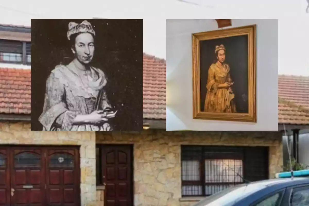 Photograph of a house façade with two superimposed images at the top showing vintage portraits of a woman dressed in period clothing, one in black and white and the other framed in color.