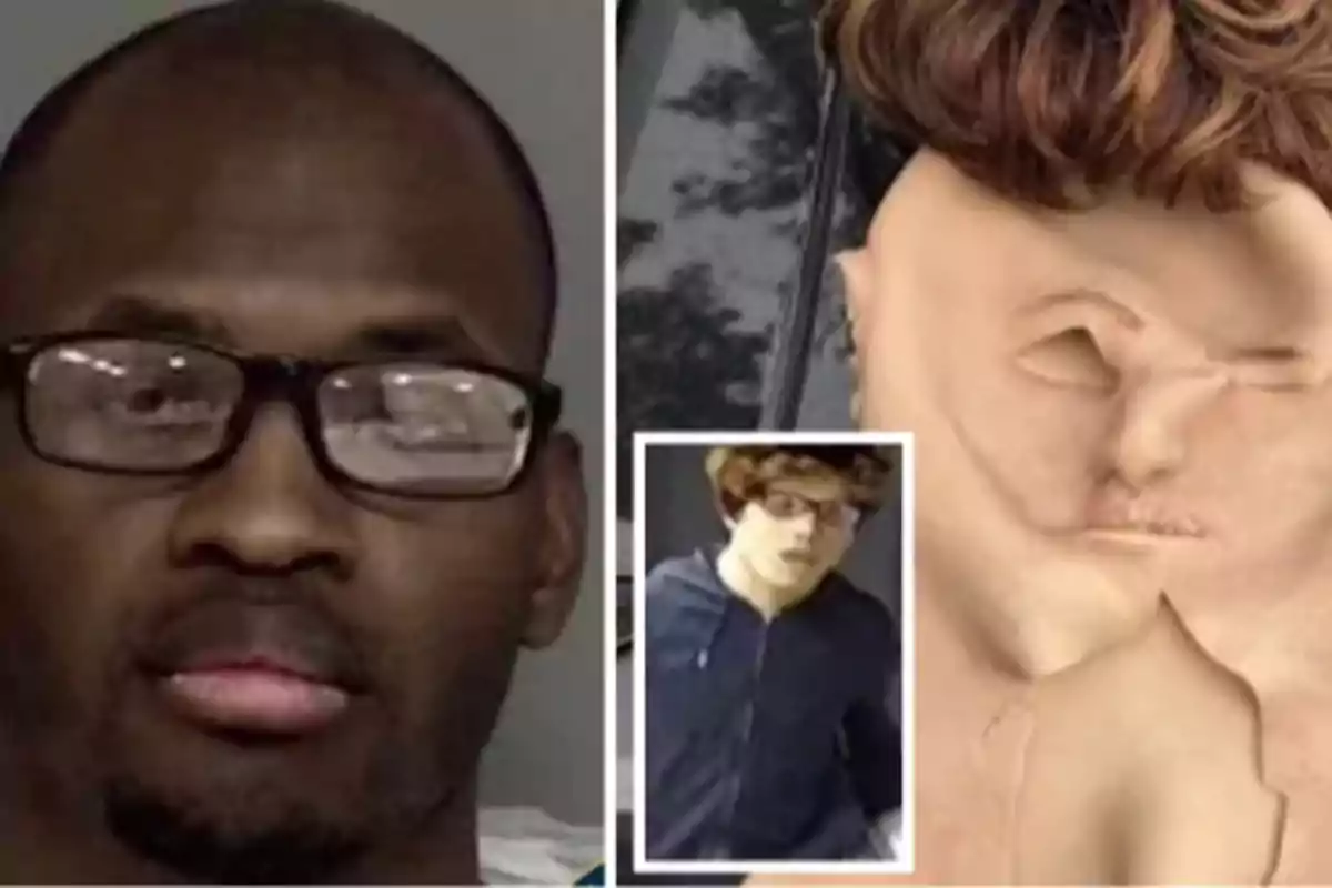 A man with glasses appears next to a silicone mask and a wig, as well as a small photo of a person wearing the costume.