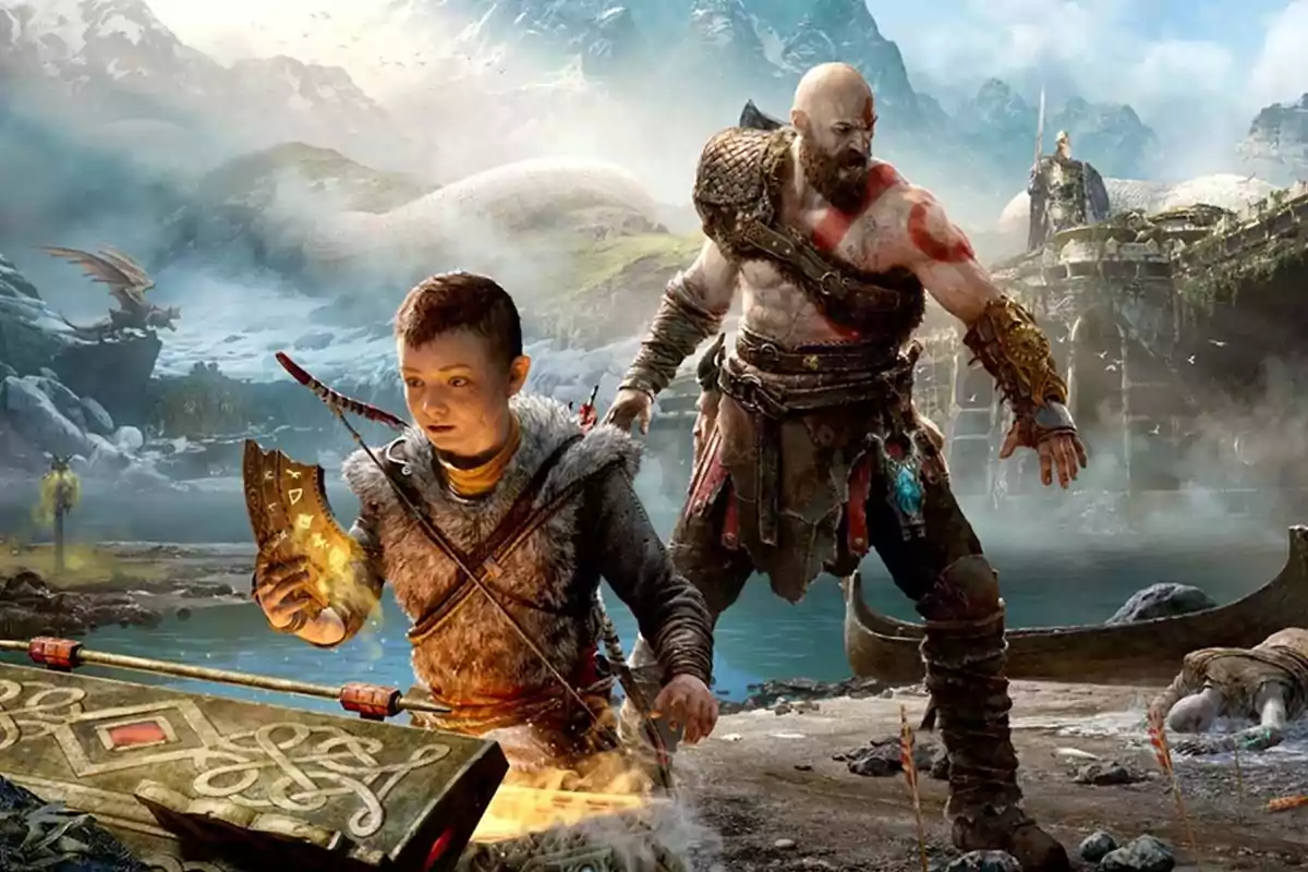 Dos personajes de videojuego en un paisaje nevado y montañoso uno de ellos sostiene un objeto brillante mientras el otro observa con actitud protectora Dos personajes de videojuego en un paisaje nevado y montañoso uno de ellos sostiene un objeto brillante mientras el otro observa con actitud protectora