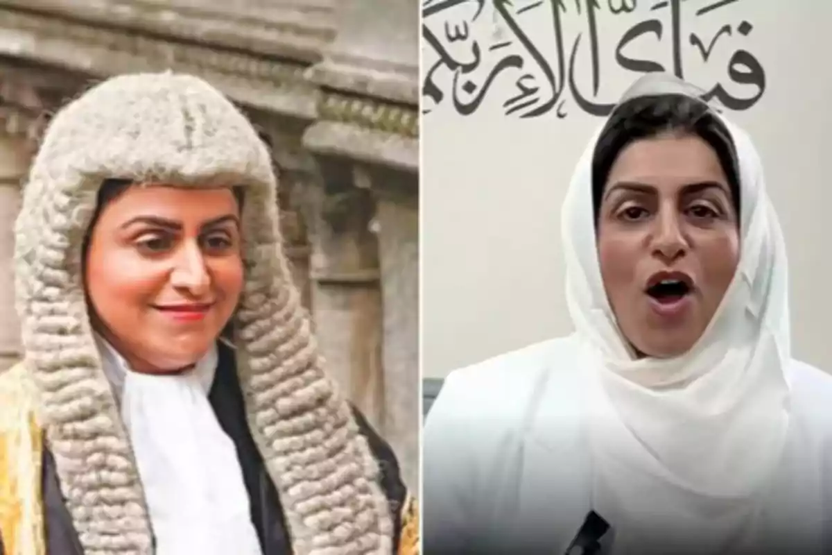 Dos mujeres aparecen en la imagen, una vestida con toga y peluca de jueza y la otra con un hiyab blanco y fondo con letras árabes.