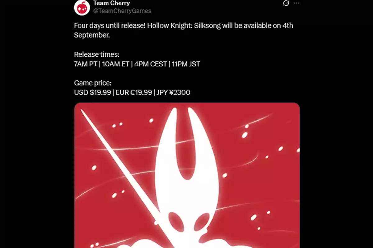 Team Cherry post announcing the release of Hollow Knight Silksong on September 4, with times and prices, accompanied by an illustration of the main character against a red background. Team Cherry post announcing the release of Hollow Knight Silksong on September 4, with times and prices, accompanied by an illustration of the main character against a red background.