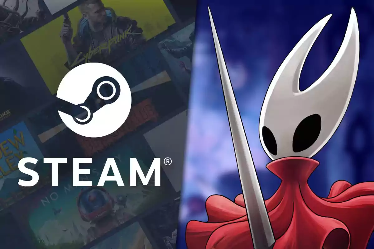 Steam logo on the left next to the image of a video game character with a blue background and a red cape on the right