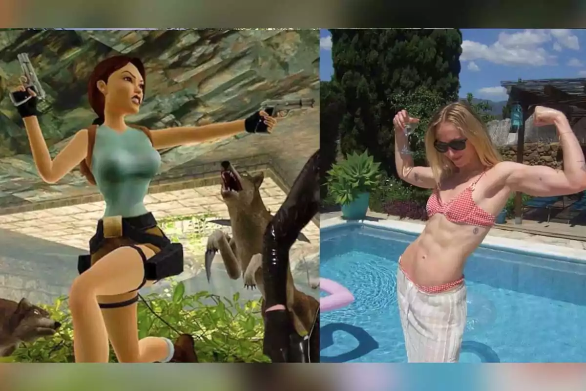 Comparación entre un personaje femenino de videojuego en una escena de acción y una mujer posando junto a una piscina mostrando sus músculos Comparación entre un personaje femenino de videojuego en una escena de acción y una mujer posando junto a una piscina mostrando sus músculos