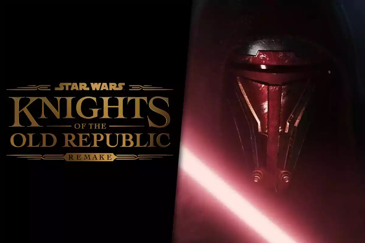 Logo dorado de Star Wars Knights of the Old Republic Remake junto al rostro enmascarado de un personaje con un sable de luz rojo.