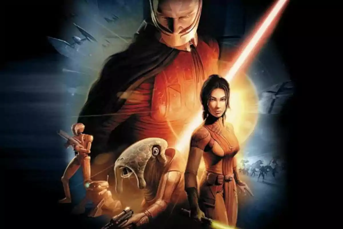 Arte promocional de un videojuego de Star Wars con varios personajes, incluyendo una mujer con sable de luz, un droide y una figura encapuchada al fondo Arte promocional de un videojuego de Star Wars con varios personajes, incluyendo una mujer con sable de luz, un droide y una figura encapuchada al fondo