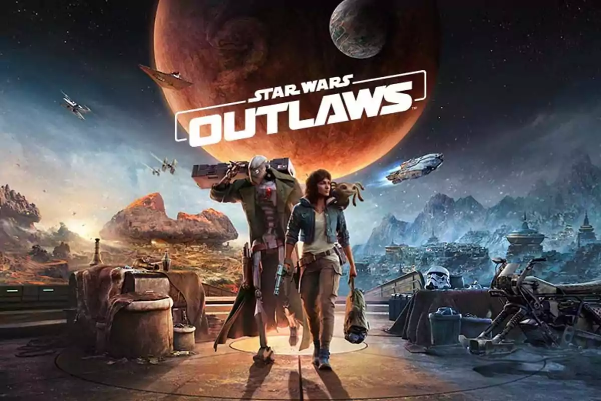 Dos personajes caminan juntos en un entorno futurista con naves espaciales y un planeta al fondo, mientras el logo de Star Wars Outlaws aparece en la parte superior Dos personajes caminan juntos en un entorno futurista con naves espaciales y un planeta al fondo, mientras el logo de Star Wars Outlaws aparece en la parte superior