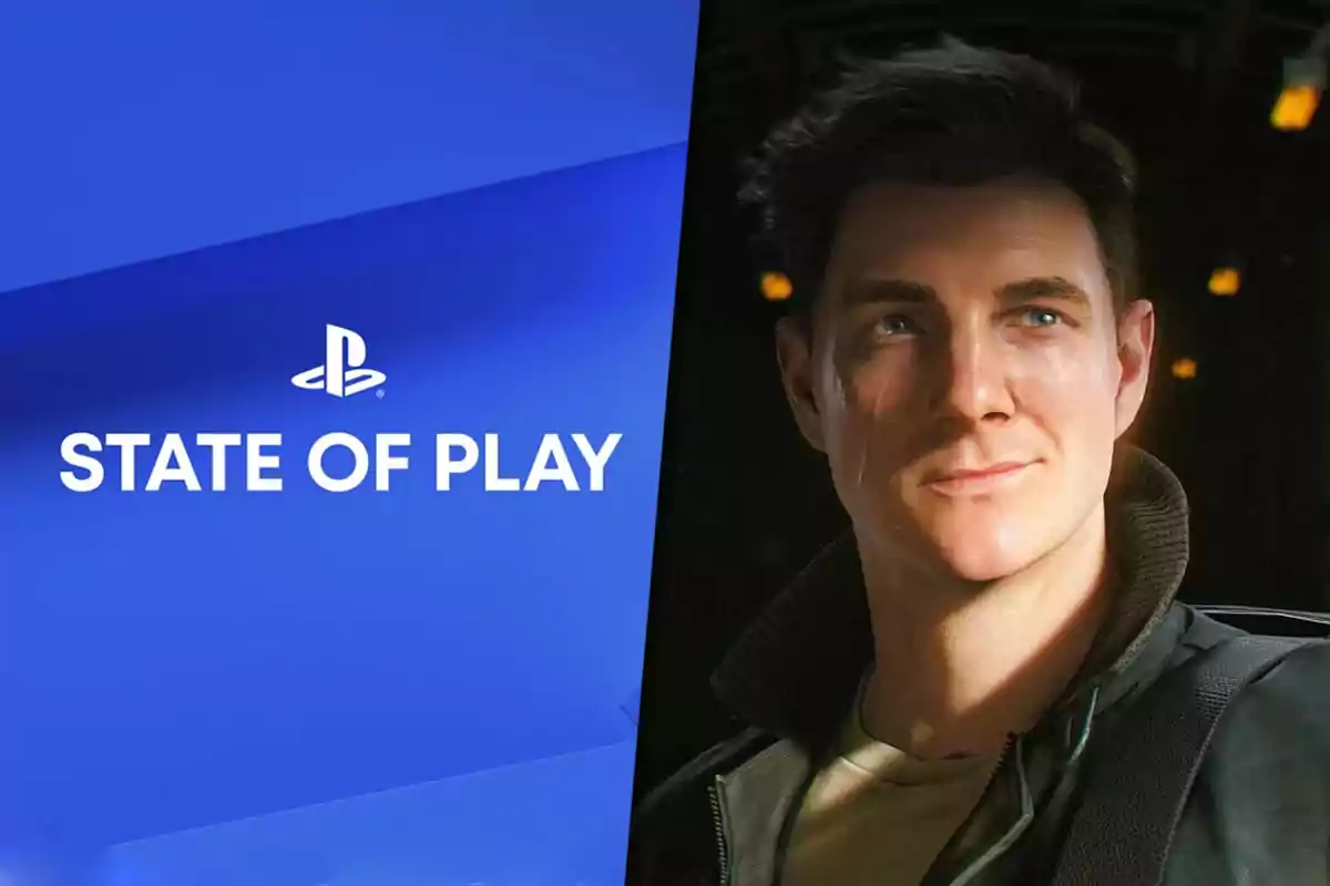 Pantalla dividida con el logo de PlayStation y el texto State of Play a la izquierda y un personaje masculino de videojuego a la derecha