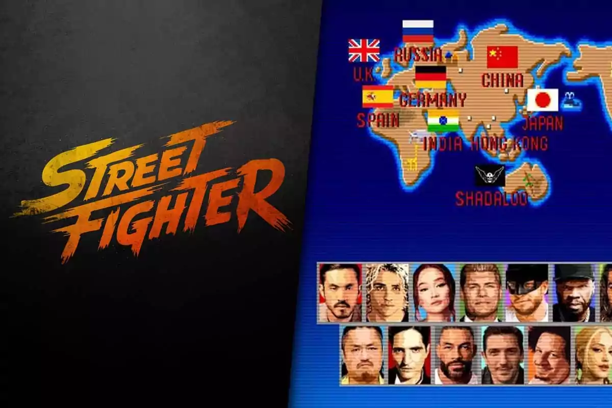 Logo de Street Fighter a la izquierda y a la derecha un mapa del mundo con países destacados y una fila de retratos de personas en la parte inferior.