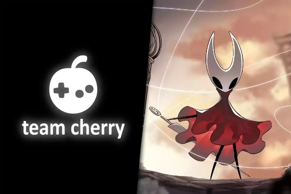 Team Cherry logo on the left and video game character with a red dress and white horns on the right