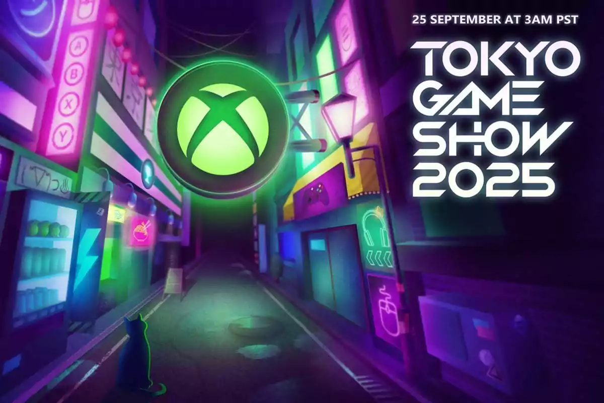 Futuristic illustration of a street with neon signs and the Xbox logo floating, next to the Tokyo Game Show 2025 announcement and the event date Futuristic illustration of a street with neon signs and the Xbox logo floating, next to the Tokyo Game Show 2025 announcement and the event date