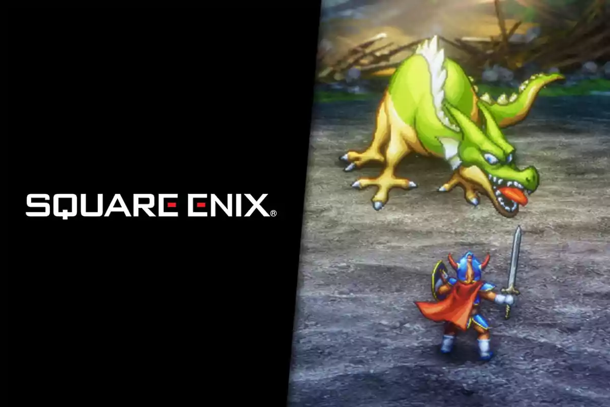 Logo de Square Enix junto a una escena de videojuego retro donde un caballero enfrenta a un dragón verde