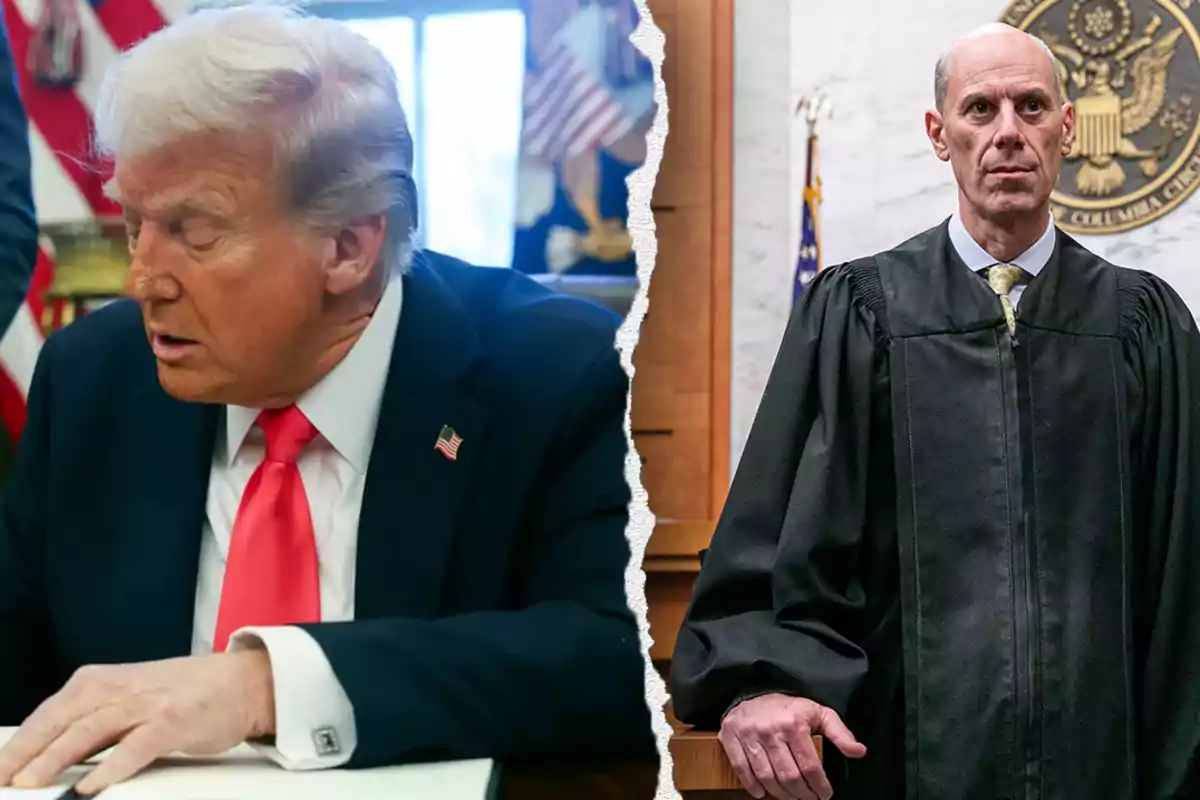 A gray-haired man in a suit and red tie is sitting and writing while another man in a judge's robe is standing in a courtroom, both separated by a visual tear effect in the center of the image.
