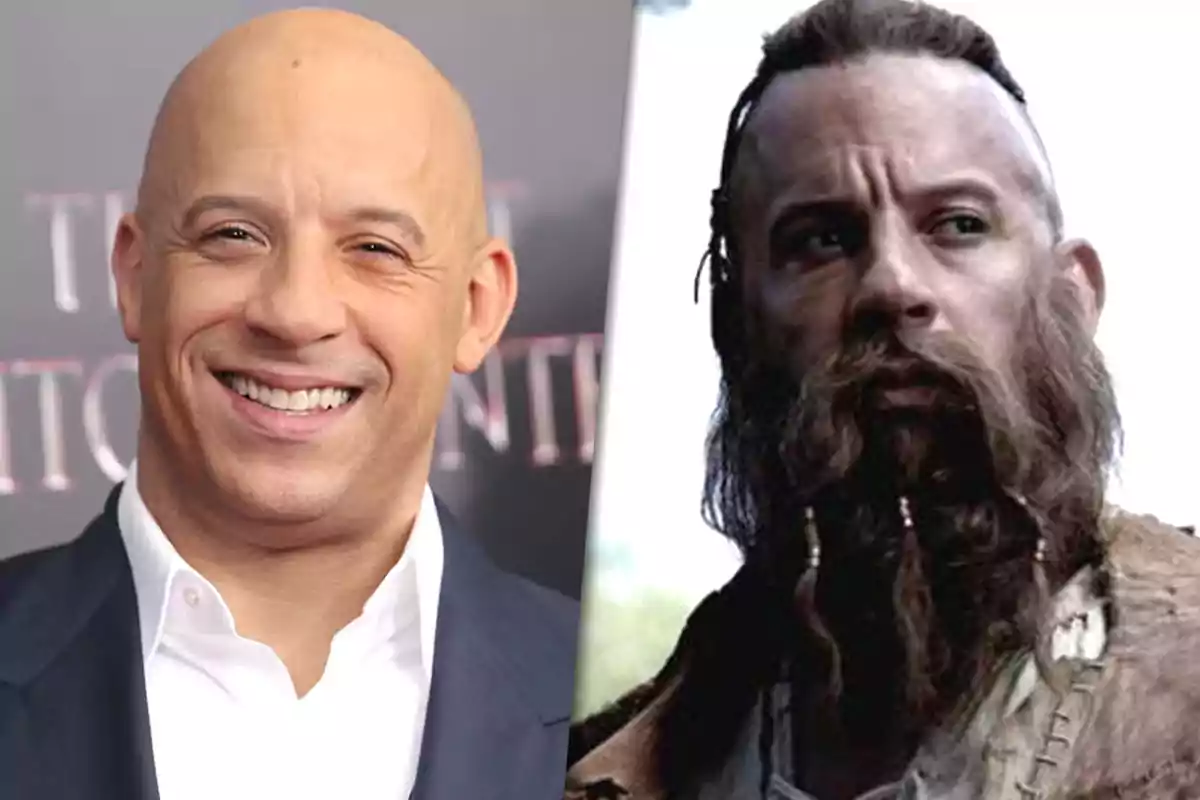 A smiling bald man in a suit next to an image of himself portrayed with a long beard and period clothing
