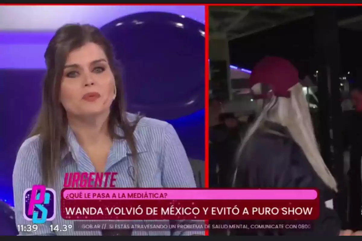 Conductora de televisión en un estudio junto a una imagen dividida donde aparece una mujer de espaldas con gorra roja y cabello largo, con un cintillo informativo sobre el regreso de Wanda de México y la evitación de un show Conductora de televisión en un estudio junto a una imagen dividida donde aparece una mujer de espaldas con gorra roja y cabello largo, con un cintillo informativo sobre el regreso de Wanda de México y la evitación de un show