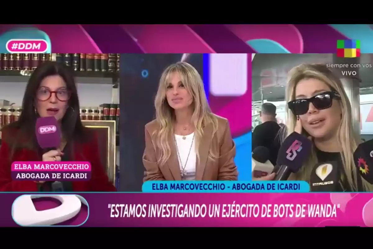 Three women appear on split screen during a television show titled DDM; one of them is holding a microphone and wearing red glasses, another is in the center with blonde hair and a brown jacket, and the third is wearing sunglasses and being interviewed by several media outlets, with a banner that reads Three women appear on split screen during a television show titled DDM; one of them is holding a microphone and wearing red glasses, another is in the center with blonde hair and a brown jacket, and the third is wearing sunglasses and being interviewed by several media outlets, with a banner that reads