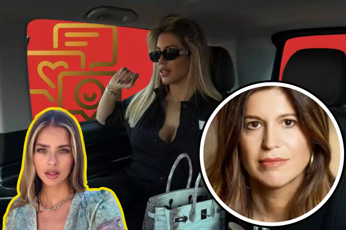 Three women appear in the image: one sitting in the back seat of a car with sunglasses and a handbag, another in the lower left corner with a yellow frame, and another in a white circle on the right side, with a red background and social media graphics.