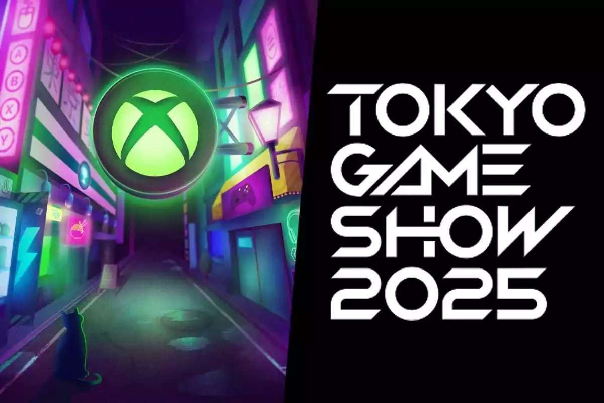 A glowing Xbox sign on a street with neon lights and a cat, next to the text Tokyo Game Show 2025 in white letters on a black background