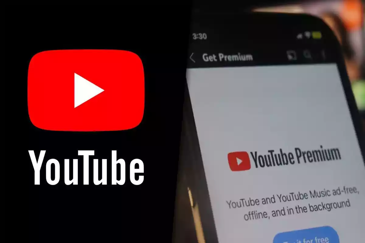 Logo de YouTube junto a una pantalla de teléfono mostrando la opción de YouTube Premium