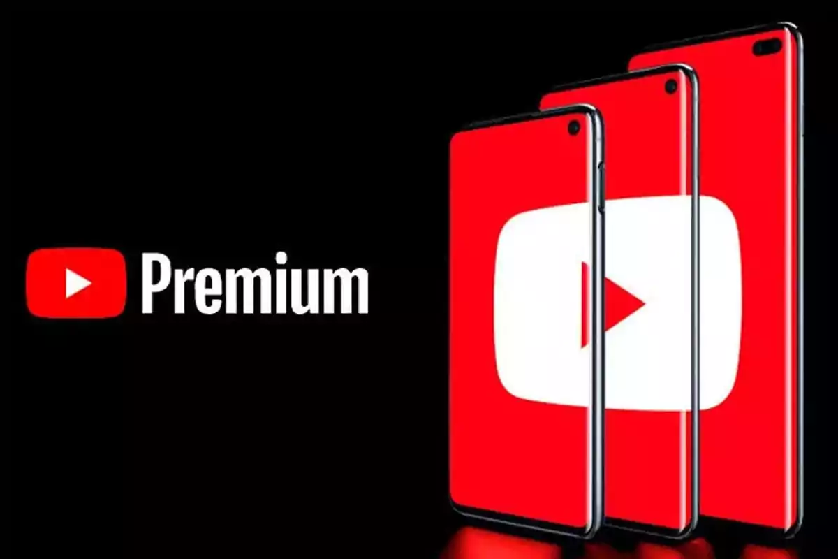 Tres teléfonos móviles con la pantalla mostrando el logo de YouTube junto al texto Premium sobre un fondo negro Tres teléfonos móviles con la pantalla mostrando el logo de YouTube junto al texto Premium sobre un fondo negro
