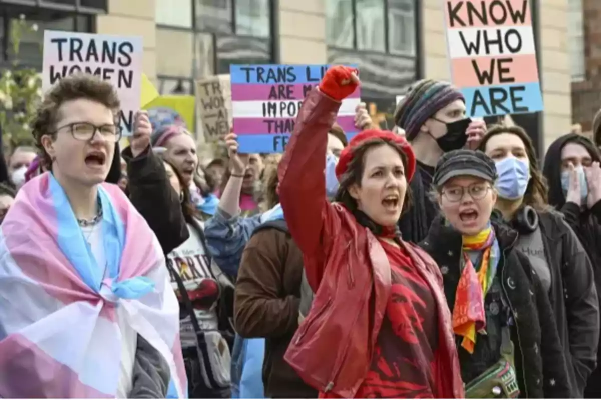 A group of people is participating in a demonstration, some are carrying flags and signs with messages supporting transgender rights. A group of people is participating in a demonstration, some are carrying flags and signs with messages supporting transgender rights.