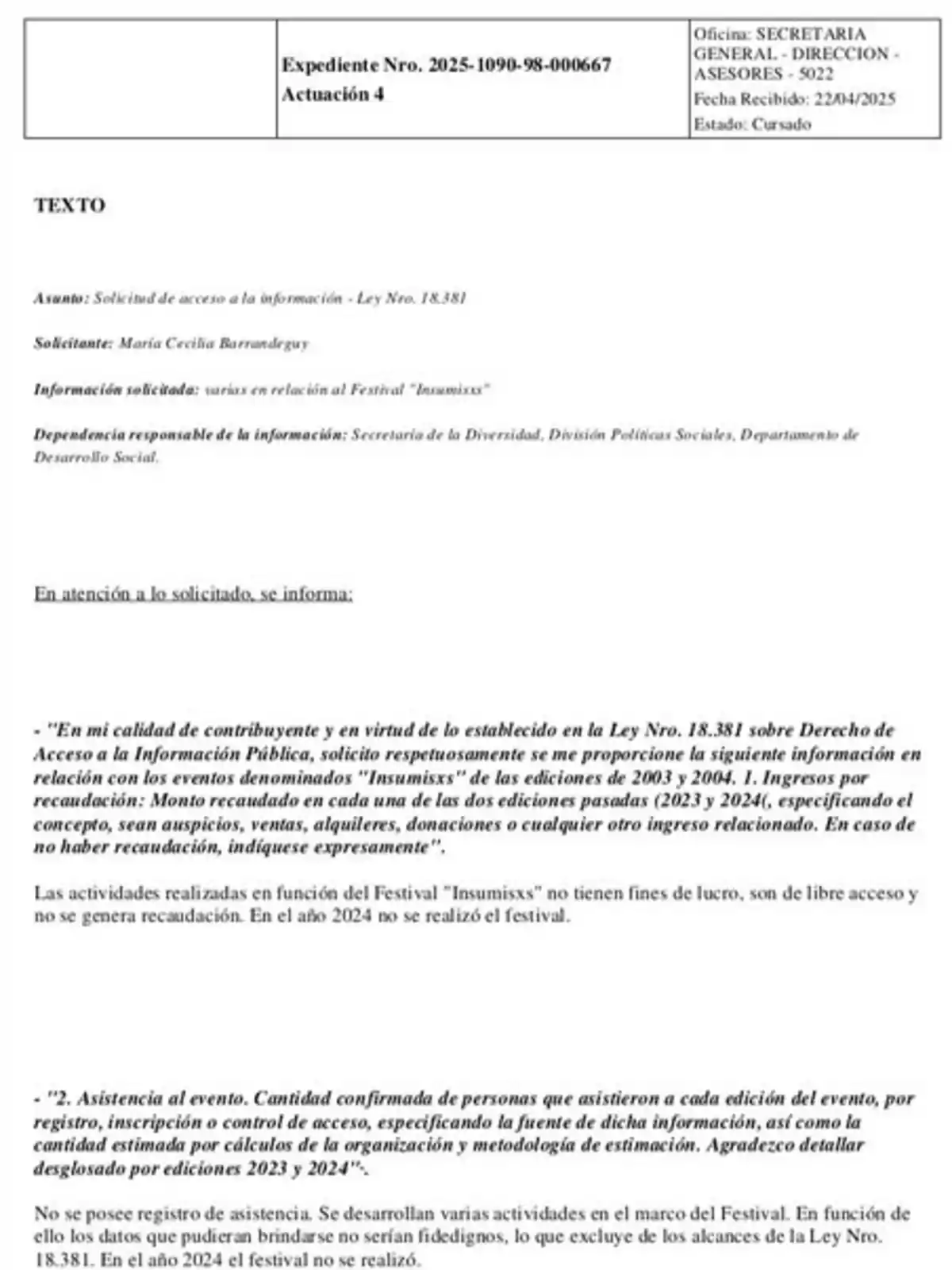 Documento oficial con membrete que responde a una solicitud de acceso a la información sobre el Festival Insumixxs, detallando que no hubo recaudación ni registro de asistencia en 2024 y que las actividades son de libre acceso y sin fines de lucro.
