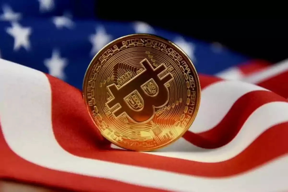Bitcoin coin on a United States flag.